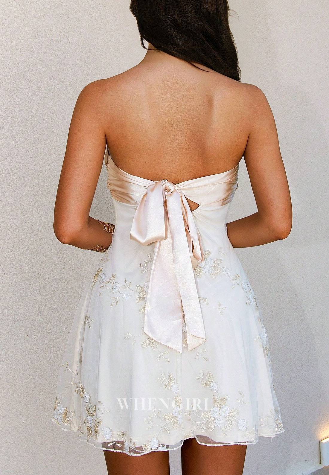 Strapless Embroidered Tulle Mini Dress with Satin Bow