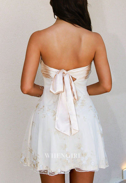 Strapless Embroidered Tulle Mini Dress with Satin Bow