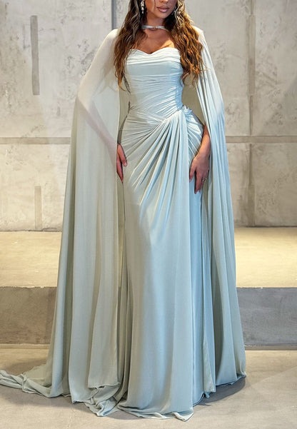 Ruched Evening Gown with Cape and 3D Flowers