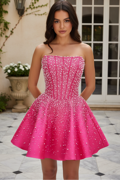 Strapless Pearl-Embellished Corset Mini Dress