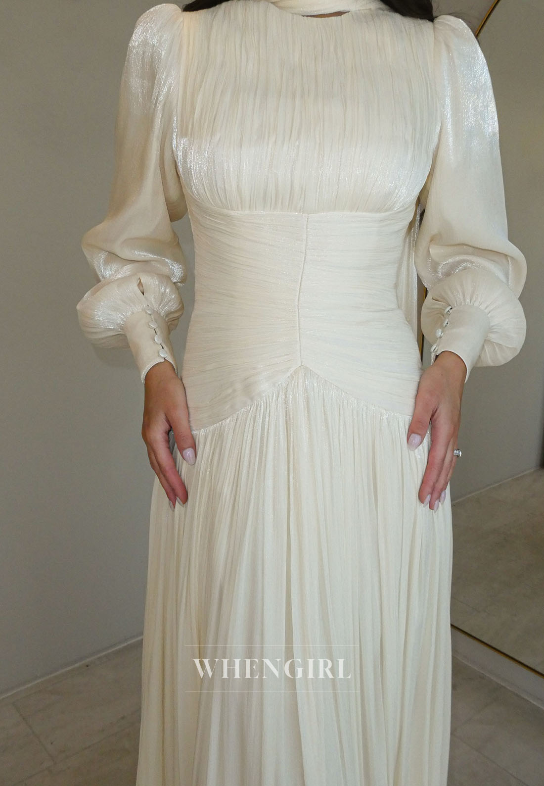 Pleated Long Sleeve Gown with High Neck
