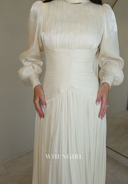 Pleated Long Sleeve Gown with High Neck