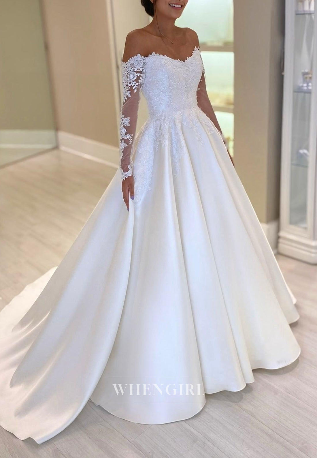 Off-the-Shoulder Lace Sleeve A-Line Bridal Gown
