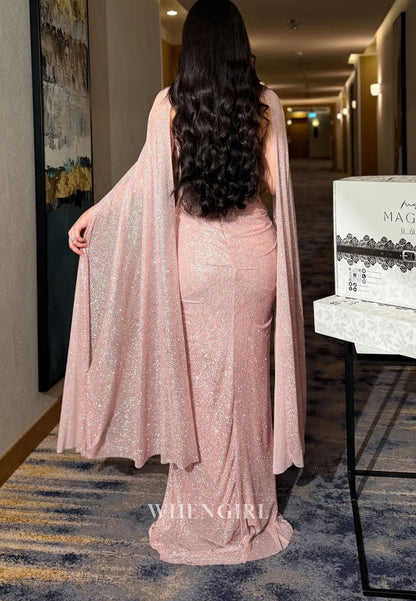 Glitter Corset Evening Dress with Cape Sleeves