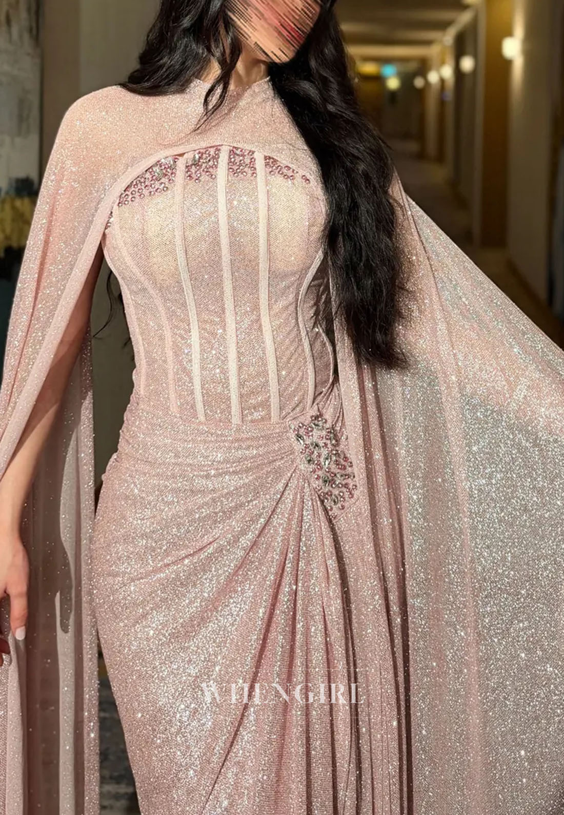 Glitter Corset Evening Dress with Cape Sleeves