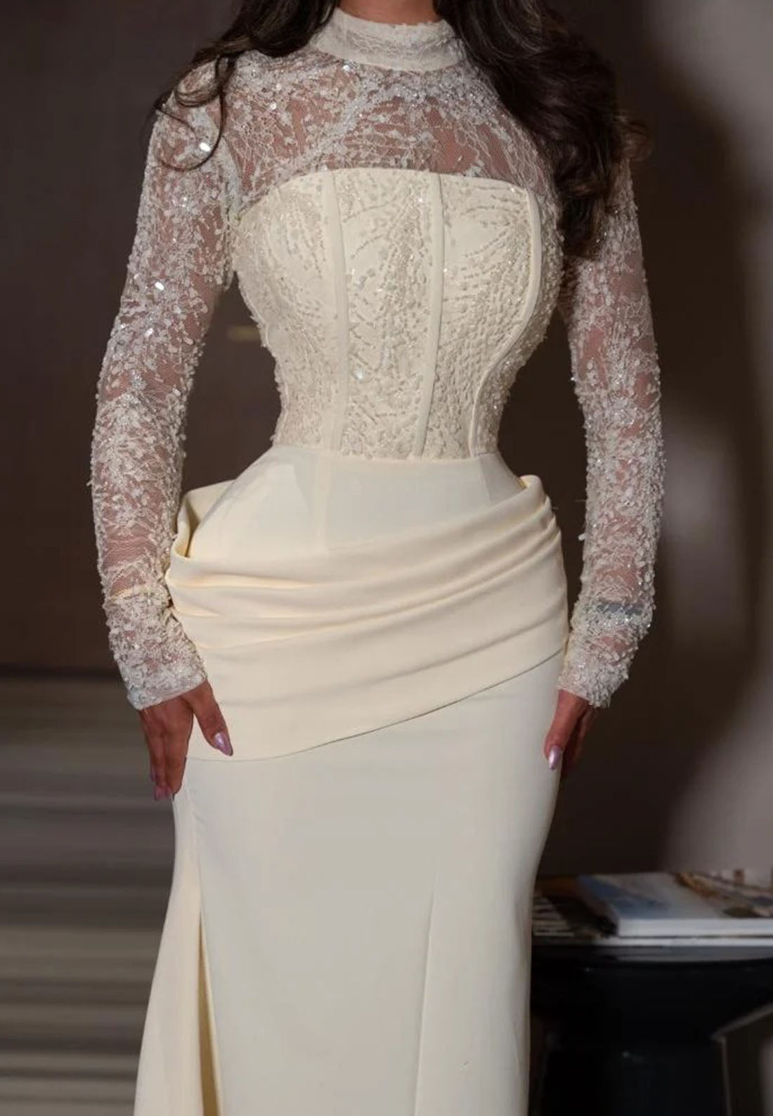 Embellished High Neck Gown with Draped Waist