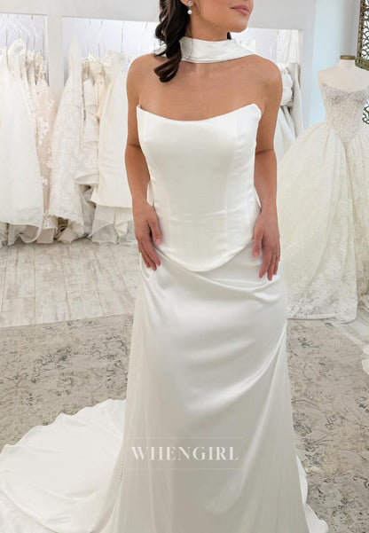 Strapless Satin Wedding Dress with Neck Scarf