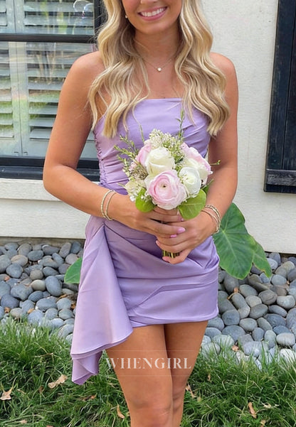 Strapless Satin Mini Dress with Side-Draped Asymmetrical Hem