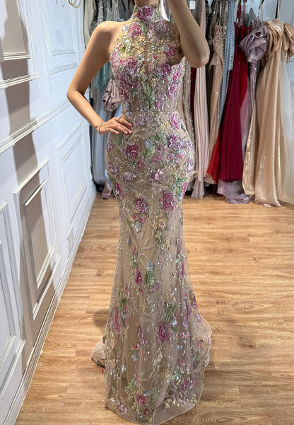Halter Floral Sequin Mermaid Gown