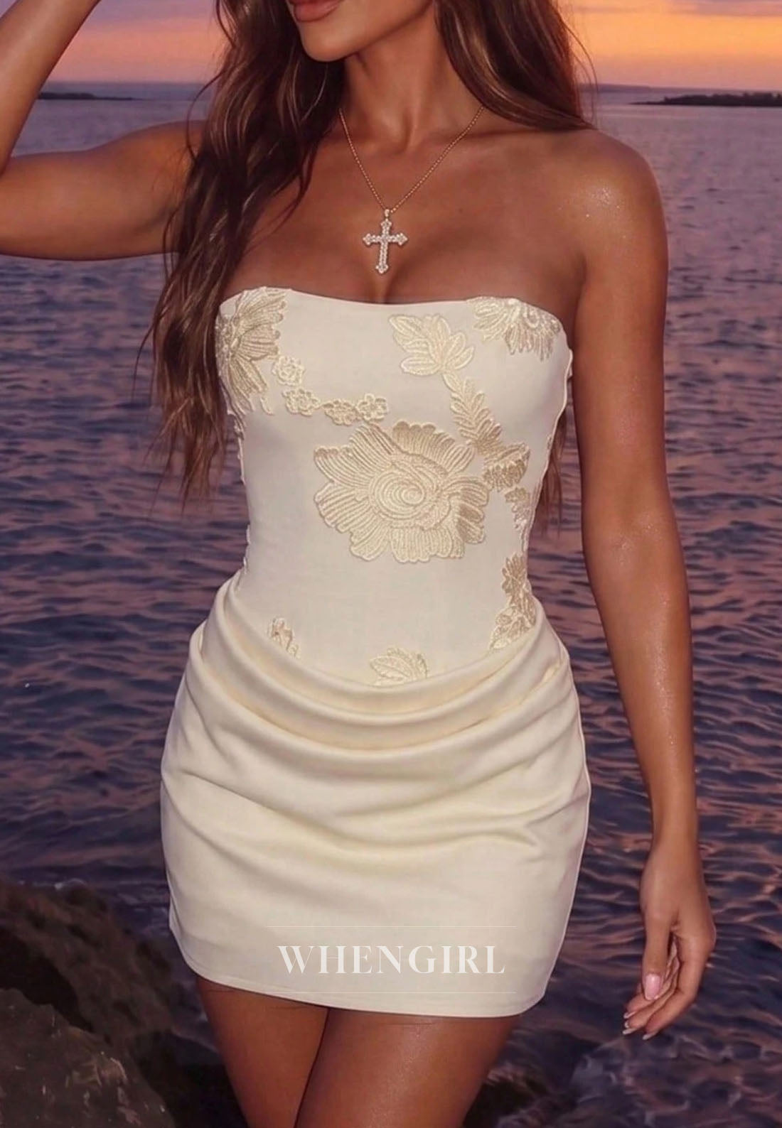 Strapless Embroidered Satin Mini Dress with Ruched Skirt