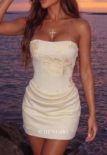 Strapless Embroidered Satin Mini Dress with Ruched Skirt