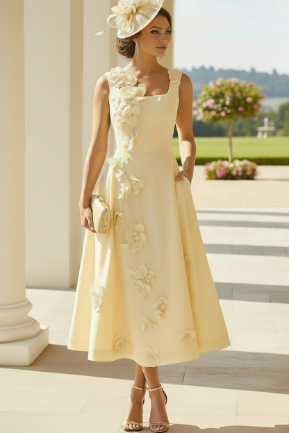 3D Floral Square Neck Midi A-Line Dress