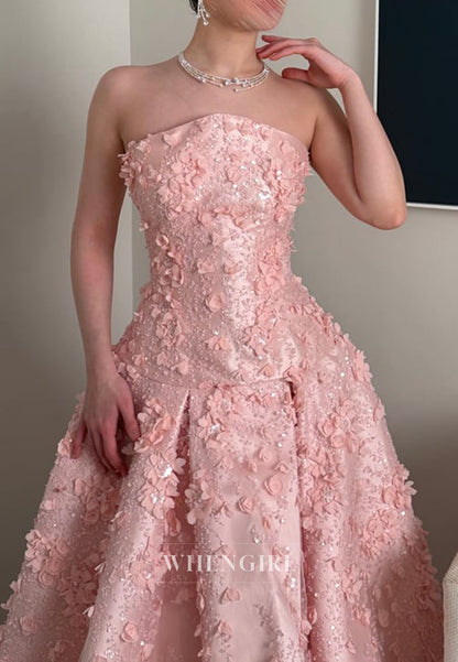Strapless 3D Floral Applique Ball Gown