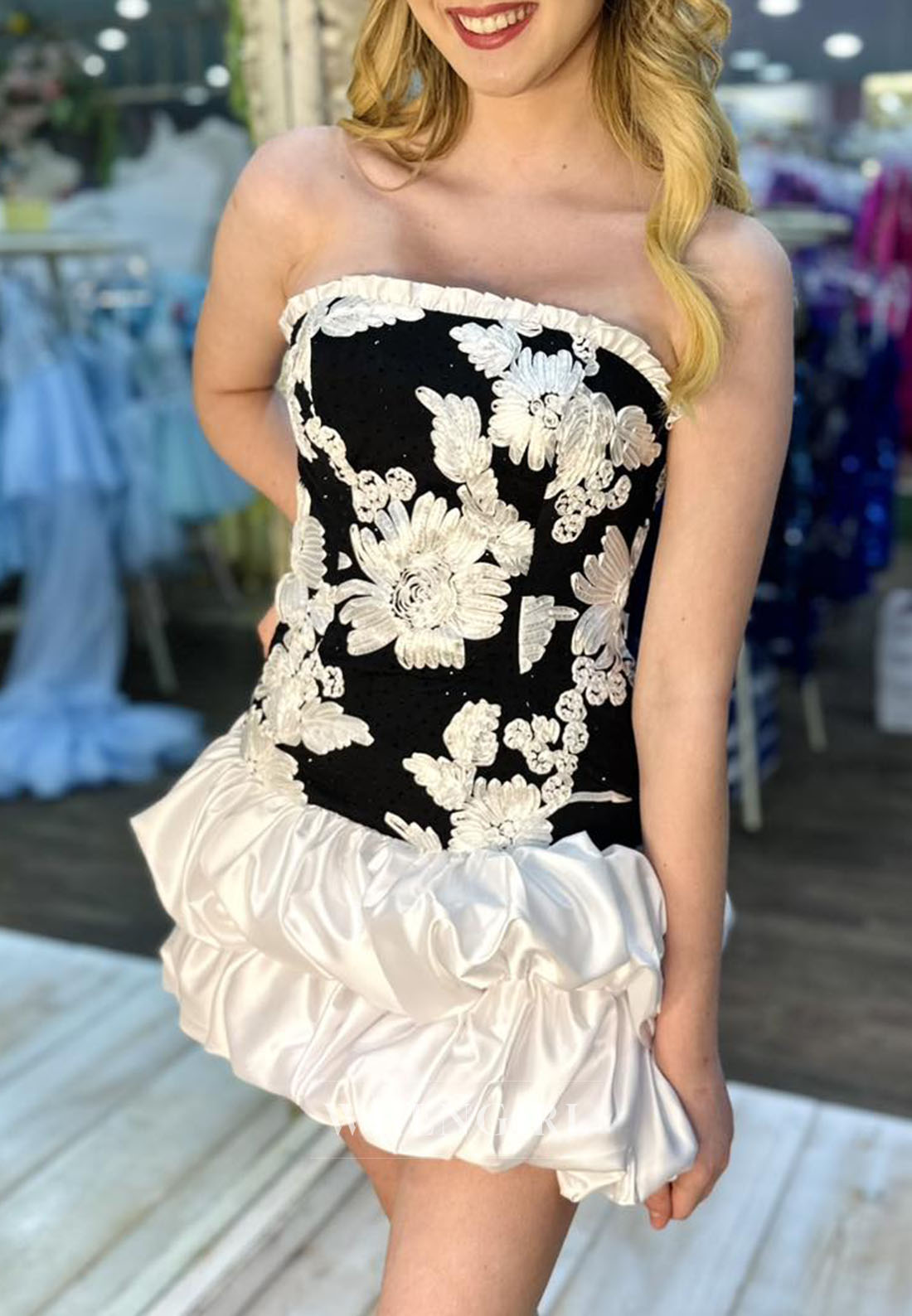 Strapless Floral Applique Tiered Bubble Skirt Mini Dress
