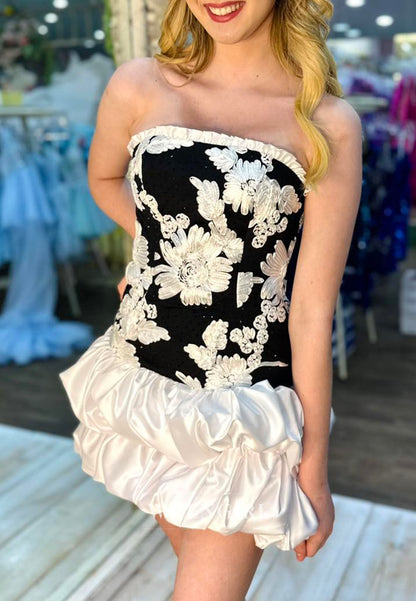 Strapless Floral Applique Tiered Bubble Skirt Mini Dress