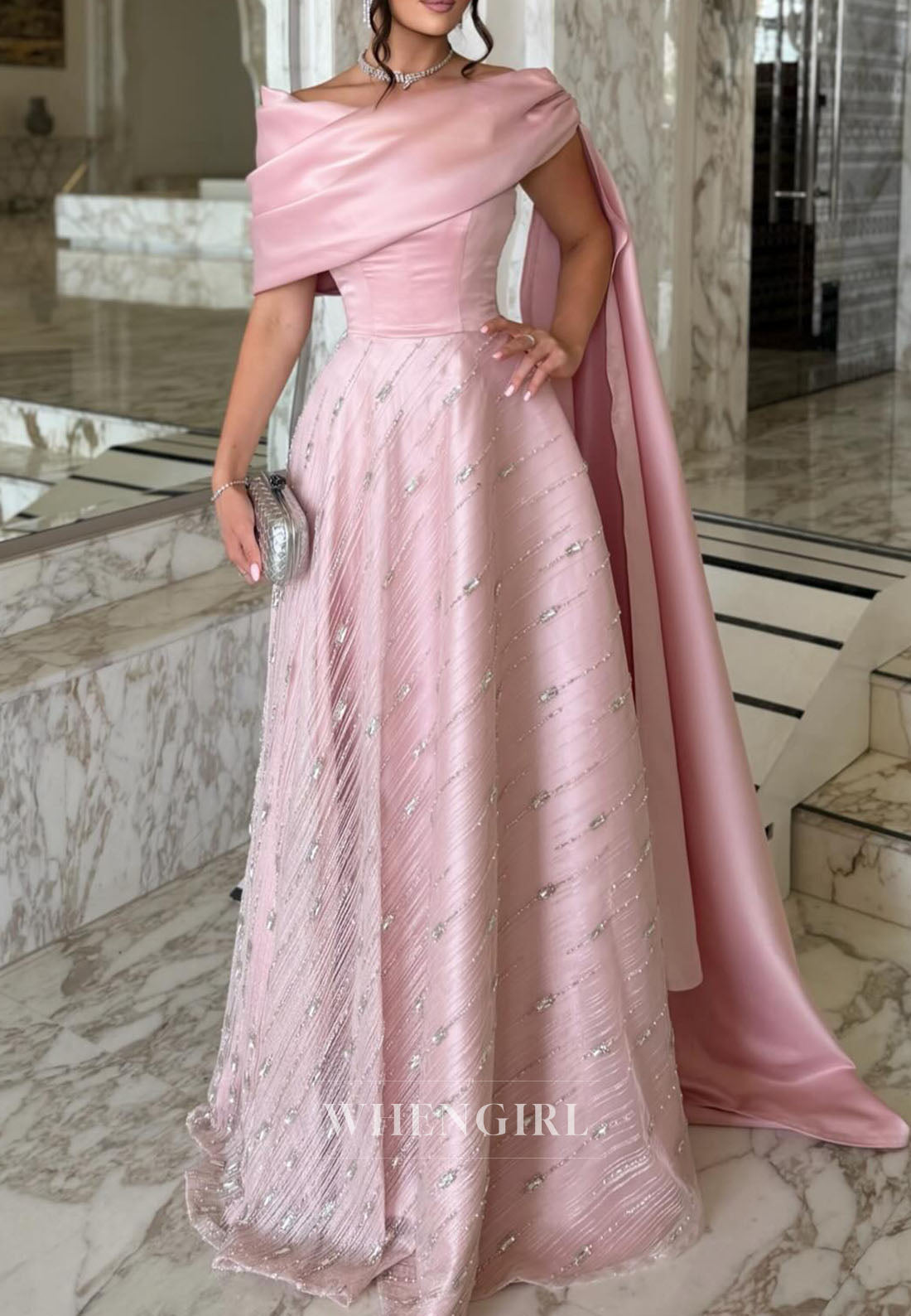 Draped Shawl Neck A-Line Gown with Embellished Skirt
