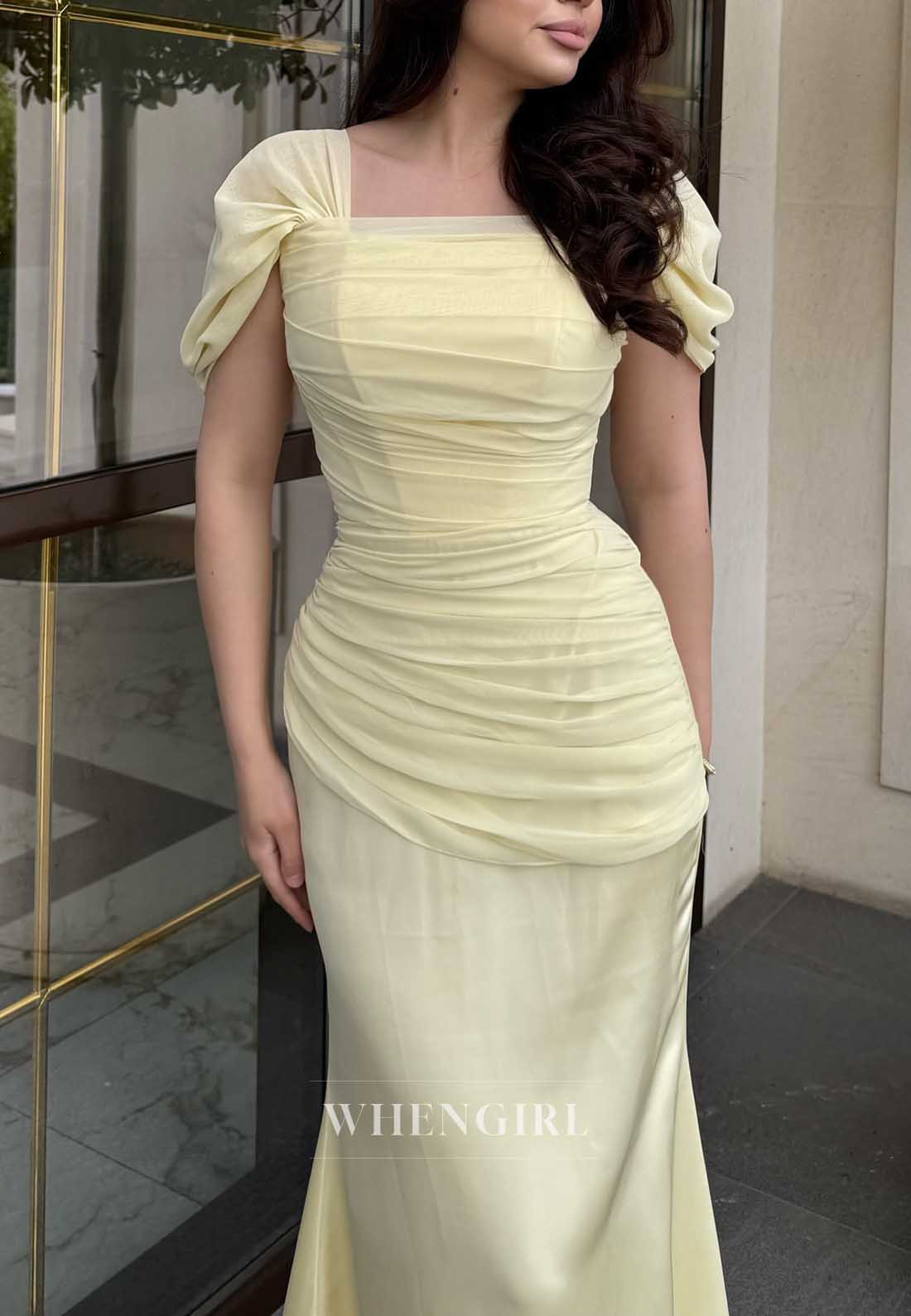 Ruched Square Neck Cap Sleeve Formal Gown