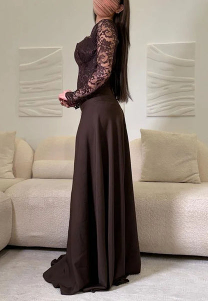 Lace Corset Bodice Long Sleeve Floor-Length Gown