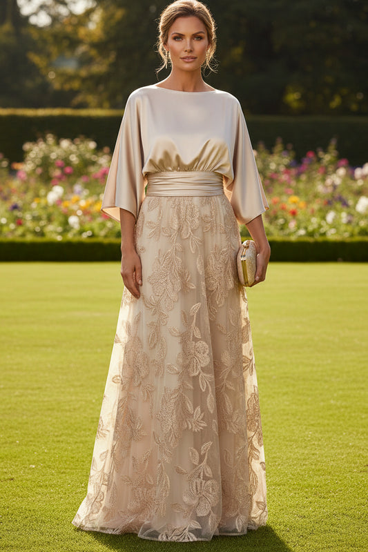 Satin and Lace A-Line Evening Gown with Bell Sleeves