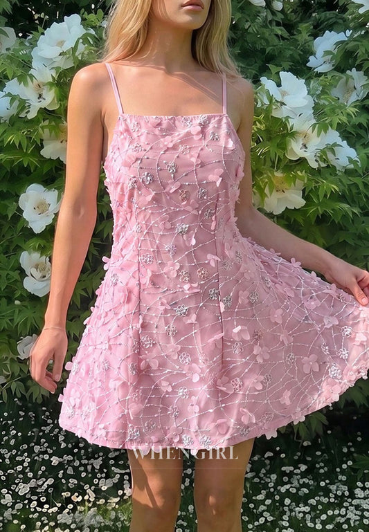 3D Floral Applique Spaghetti Strap Mini Dress