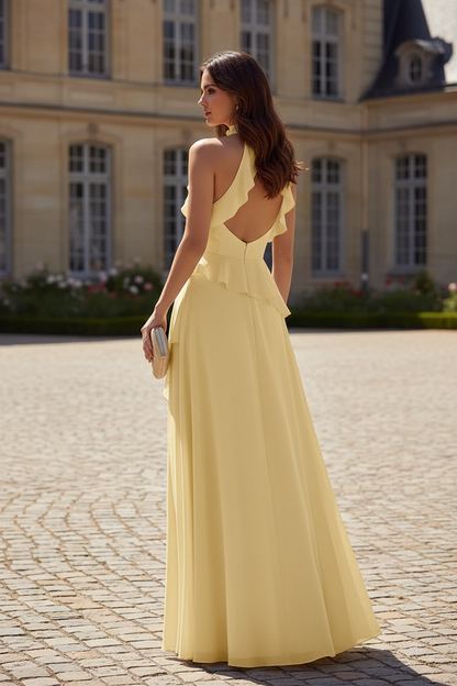Ruffle Halter Neck A-Line Dress with High Slit