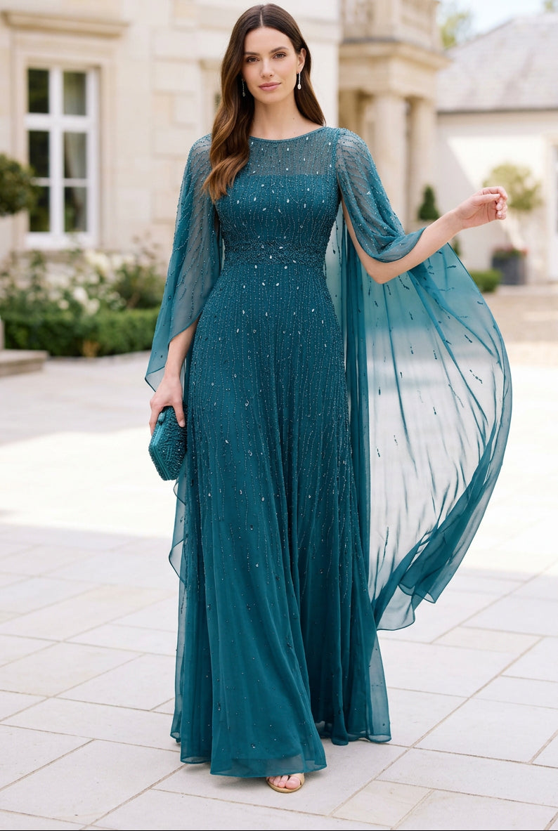 Beaded Cape Sleeve Evening Gown