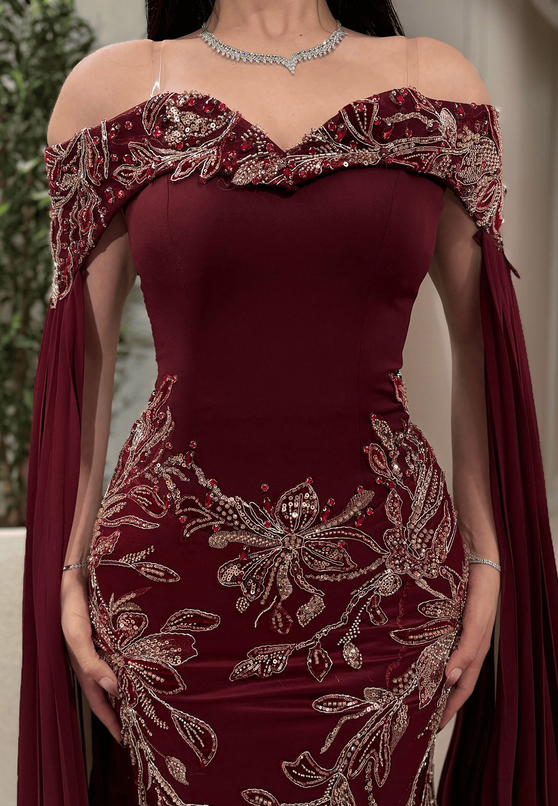 Embroidered Mermaid Evening Gown with Cape Sleeves