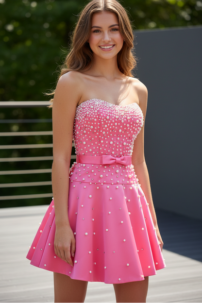 Strapless Pearl-Embellished A-Line Mini Dress