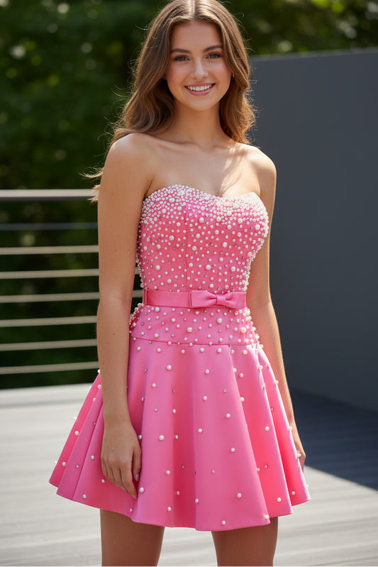 Strapless Pearl-Embellished A-Line Mini Dress