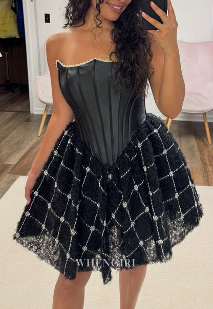 Strapless Corset Mini Dress with Beaded Lattice Skirt