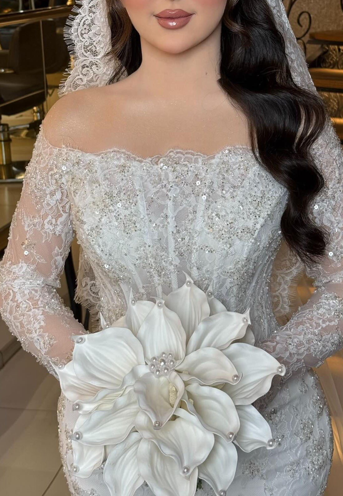 Off-the-Shoulder Beaded Lace Mermaid Bridal Gown