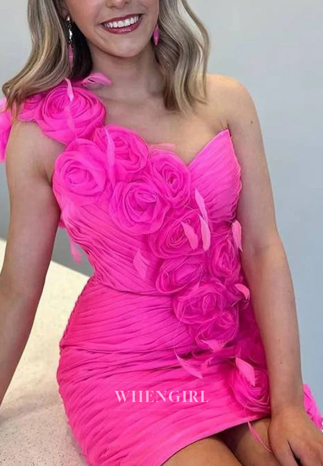 One-Shoulder Ruched Mini Dress with 3D Rosettes