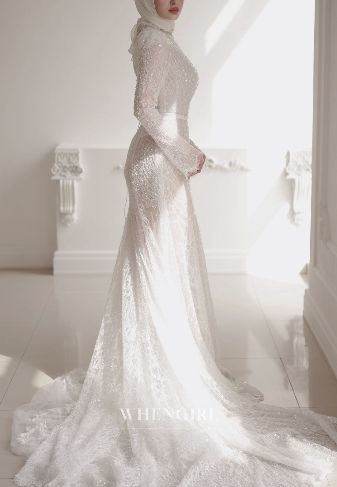 High Neck Sequin Lace Wedding Dress with Sleeves