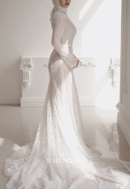 High Neck Sequin Lace Wedding Dress with Sleeves