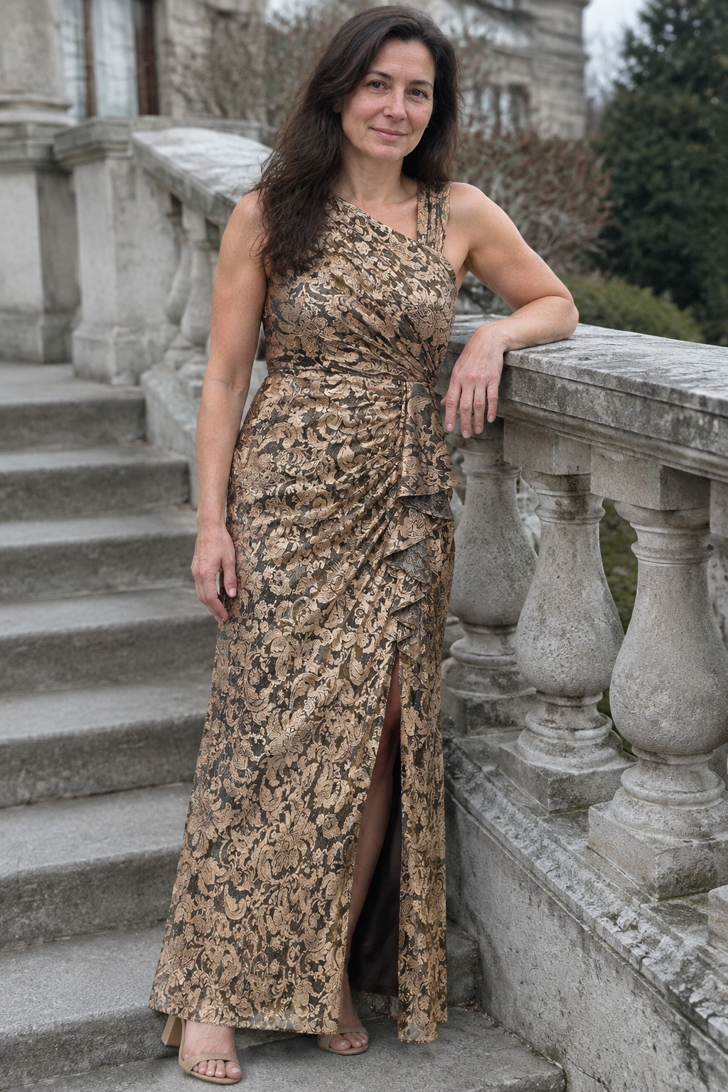 Metallic Jacquard One-Shoulder Gown with Slit