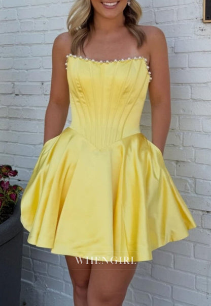 Strapless Corset Mini Dress with Pearl-Trim Neckline