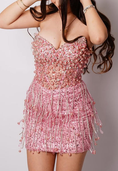 Strapless Sweetheart Pearl and Fringe Corset Mini Dress