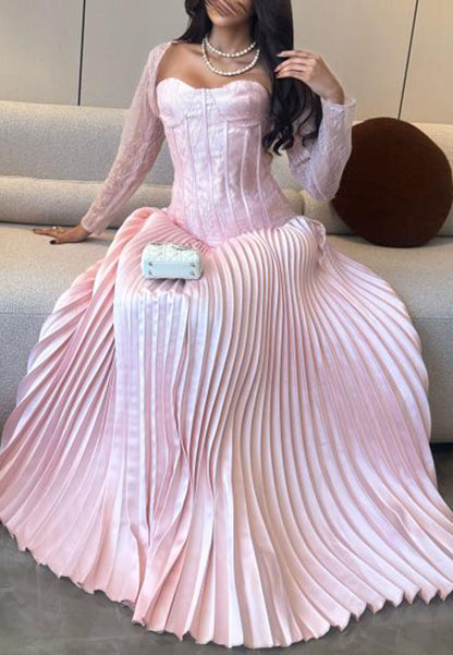 Corset Pleated Maxi Dress with Lace Long Sleeves