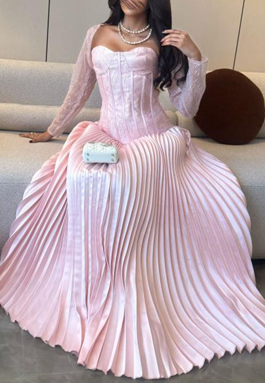 Corset Pleated Maxi Dress with Lace Long Sleeves