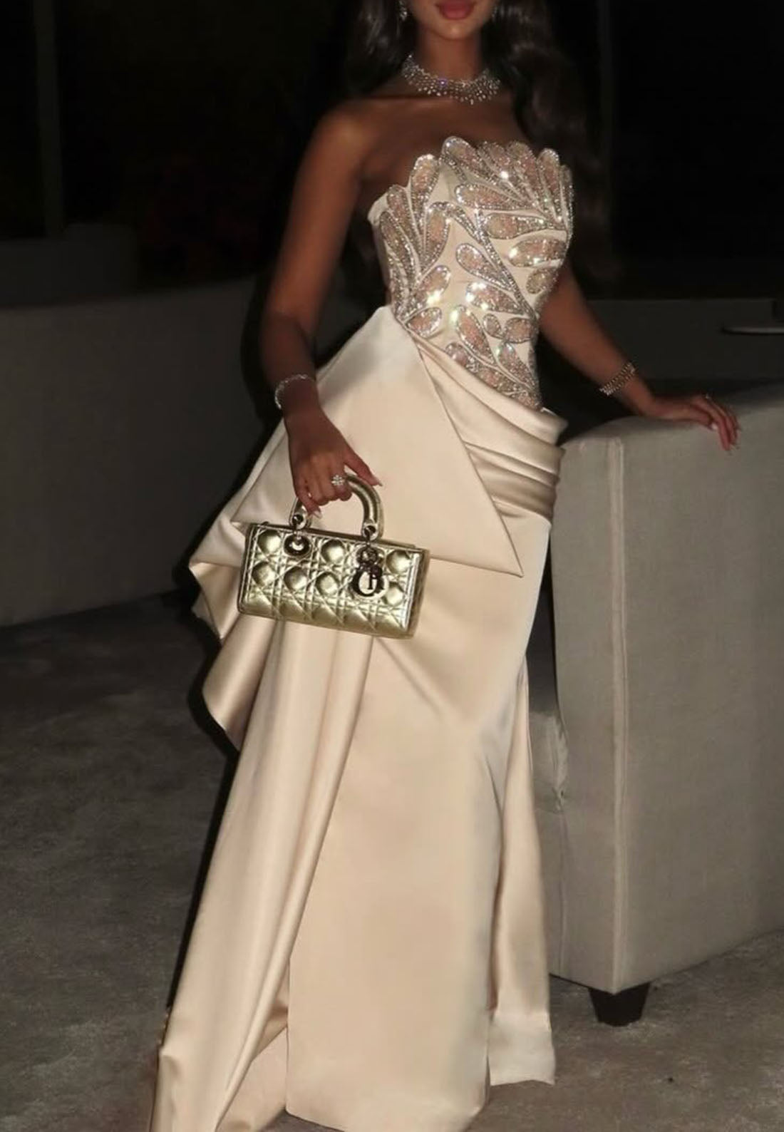 Strapless Embellished Gown with Side Draping