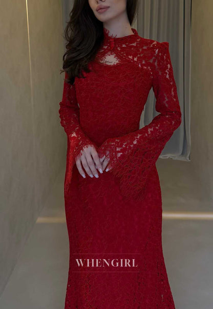 High Neck Long Sleeve Lace Mermaid Gown