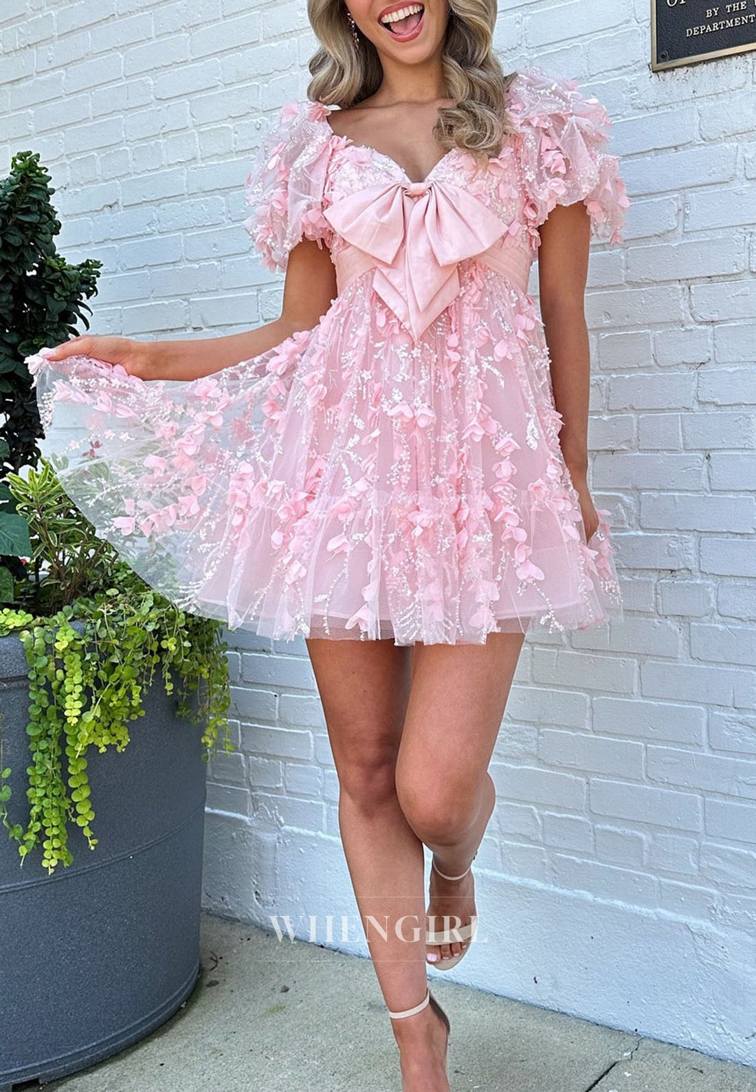 3D Floral Tulle Mini Dress with Front Bowknot