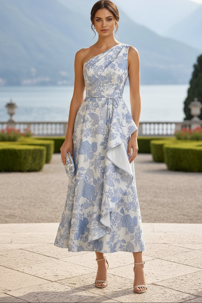 One-Shoulder Floral Midi Dress with Ruffle Detail