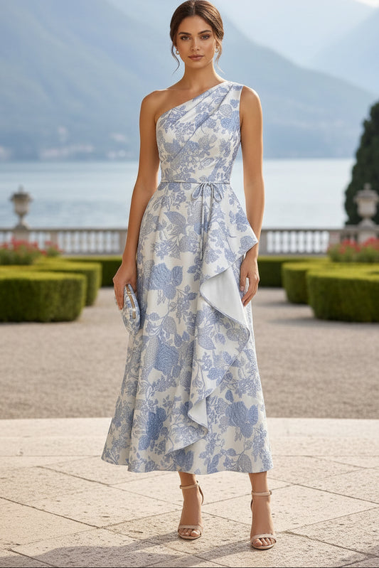 One-Shoulder Floral Midi Dress with Ruffle Detail