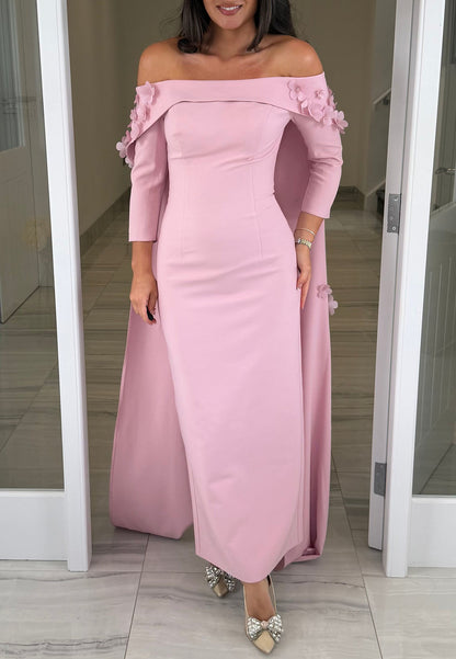 Off-the-Shoulder Cape Gown with 3D Floral Appliques