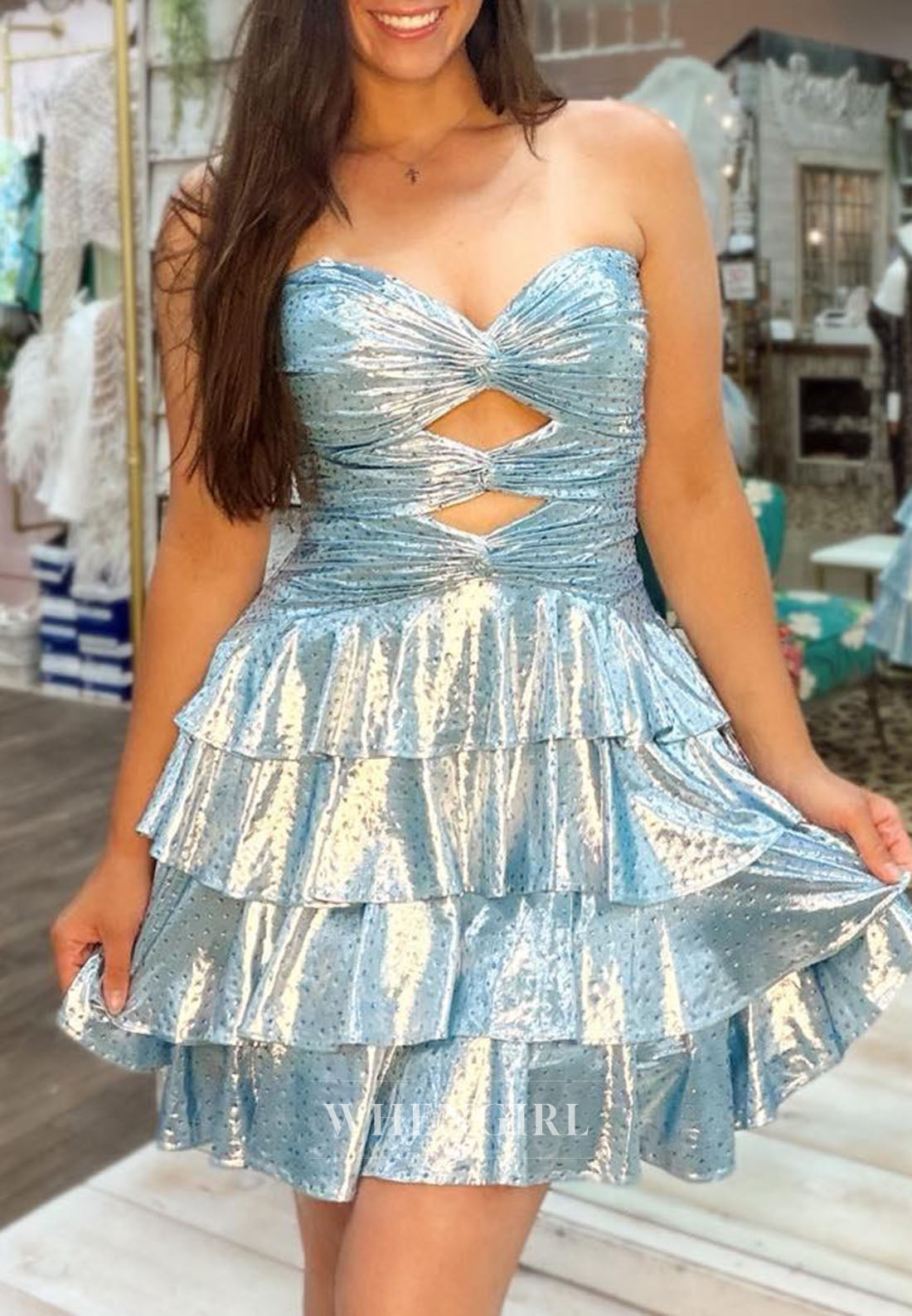 Strapless Metallic Tiered Ruffle Cutout Mini Dress