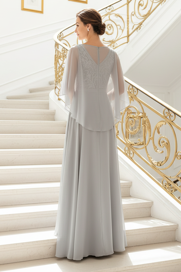 Embroidered Chiffon A-Line Gown with Capelet