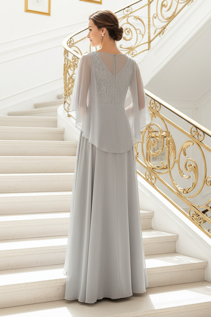 Embroidered Chiffon A-Line Gown with Capelet