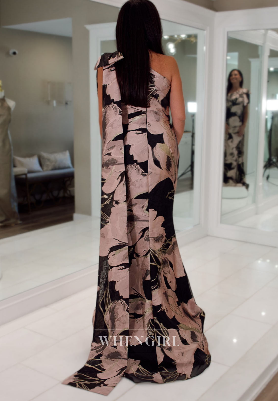 One-Shoulder Floral Evening Gown with Shoulder Drape