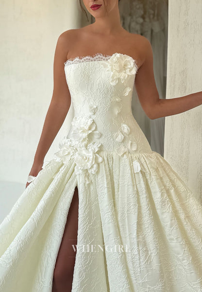 Strapless Jacquard Ball Gown with High Slit